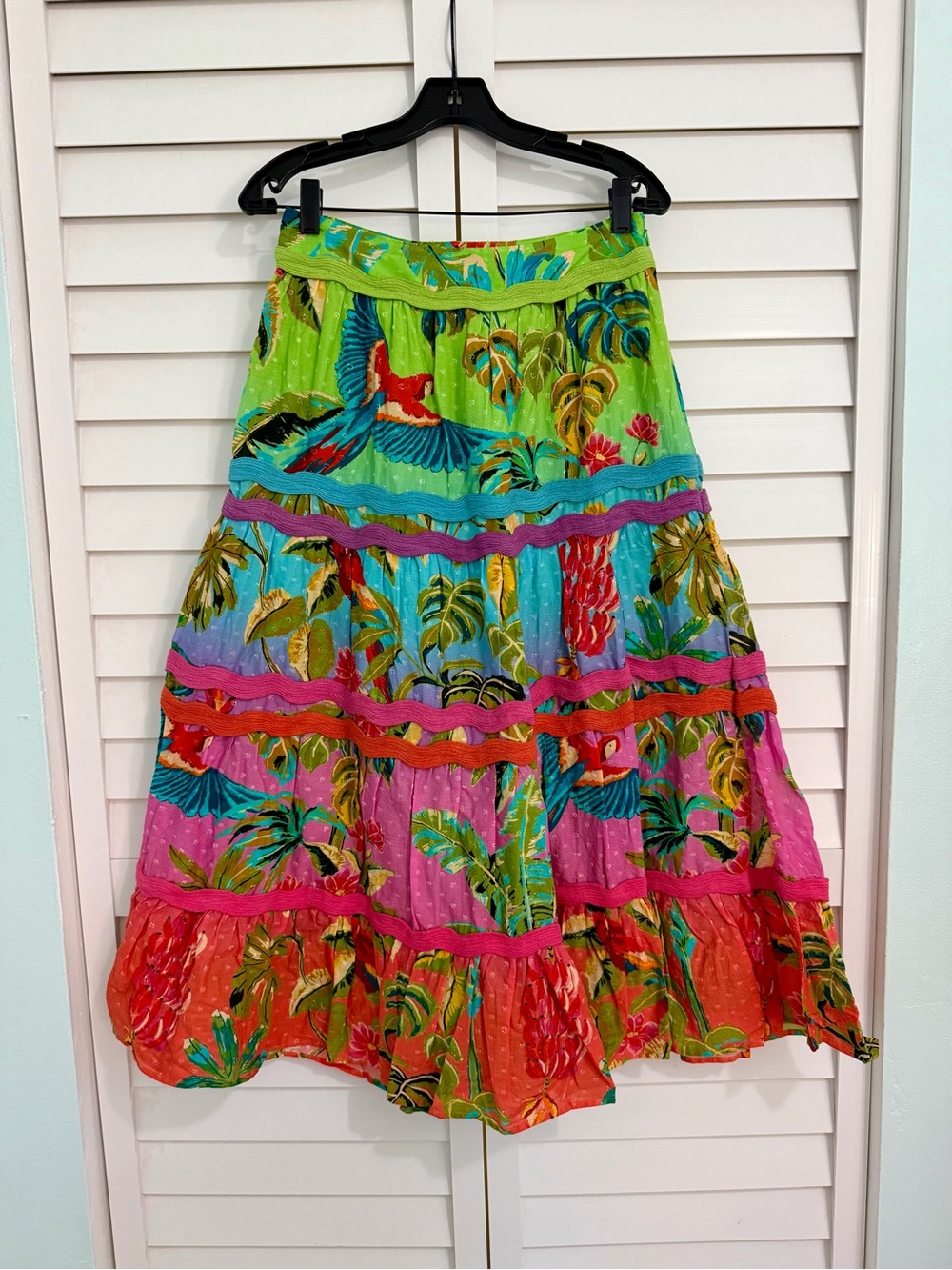 FARM Rio Multicolor Tropical Tiered Midi Skirt